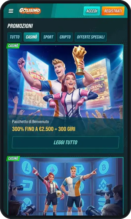 Pagina promozioni di Golisimo Casino con il pacchetto di benvenuto
