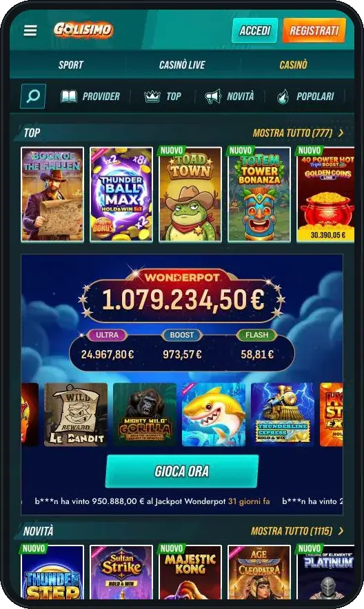 La lobby giochi di Golisimo Casino su mobile
