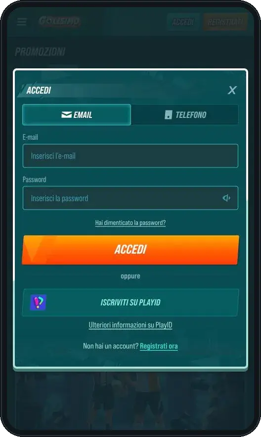 Schermata di accesso al conto Golisimo