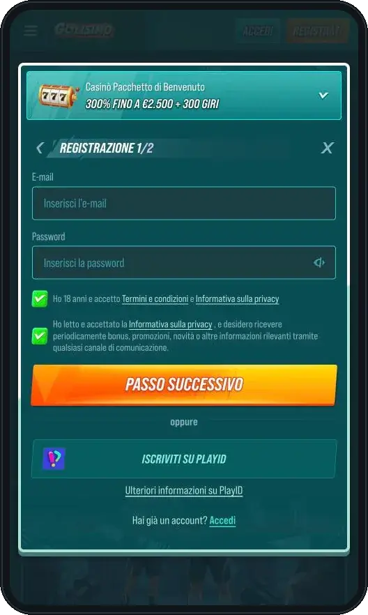 Modulo di registrazione di Golisimo Casino
