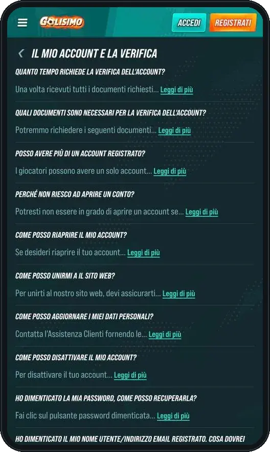 Centro assistenza Golisimo: account e verifica dei documenti